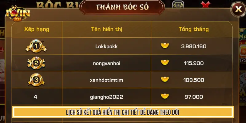 Luật Chơi Game Bốc Biển Tại IWIN Và Mẹo Cược Hiệu Quả 2 Lịch sử kết quả hiển thị chi tiết dễ dàng theo dõi